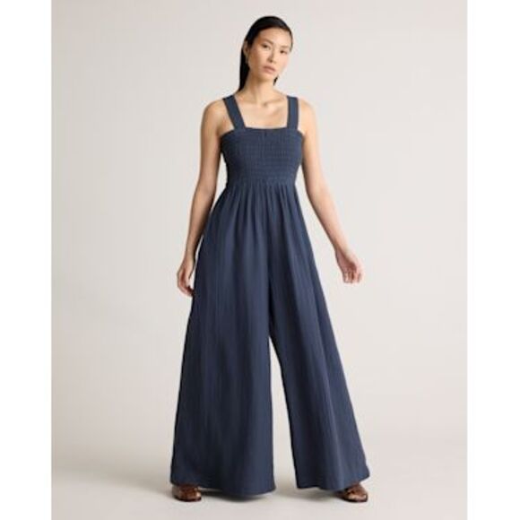 Quince Pants - Quince Womens 100% Organic Cotton Gauze Smocked Wide Leg Jumpsuit Indigo Blue XL